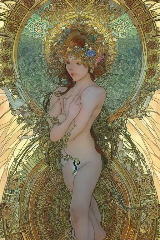 Prompt: goddess angel of tranquility，hyper detailed, character concept, full body, dynamic pose，intricate, lineart, cerpuscular rays, by yoshitaka amano, alfons mucha, 4k