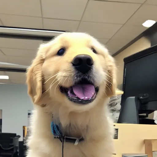 Prompt: golden retriever puppy working in an office, in the style of the office, dwight schrute, tv sitcom camera style,