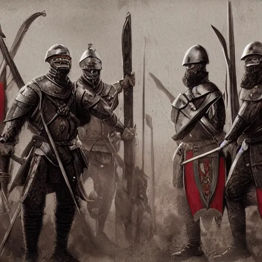 Image similar to realistic, 5 medieval soldiers, in line, pikes, hellbards, banner, flag, mist, up facing, epic, digital art, illustration, fantasy, realistic sketch, dark