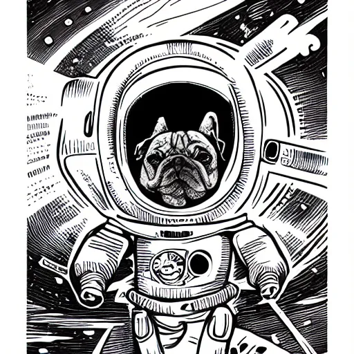 Prompt: mcbess illustration of a dog in a spacesuit In space