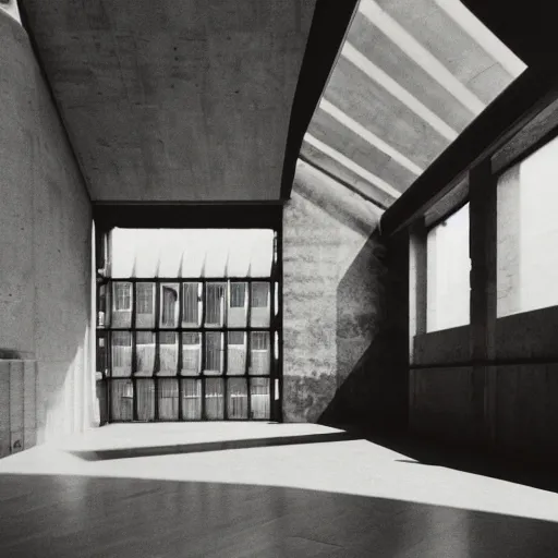 Image similar to eco brutalist interior with high celing and big windows, highly detailed, excellent composition, dramatic lighting, photography, 3 5 mm, kodak film