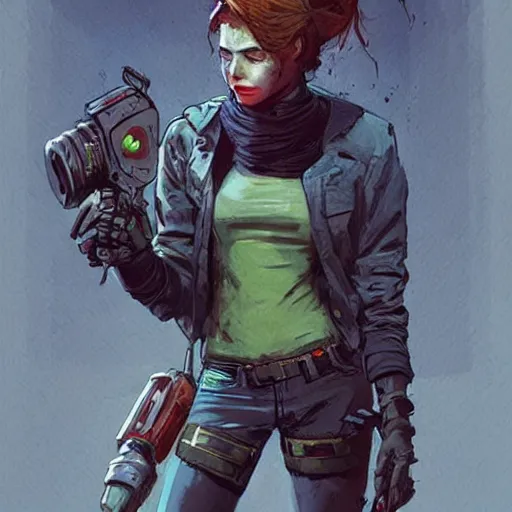 Image similar to concept art character, very high angle view, book cover, very attractive woman with full lips, walking in cyberpunk valley highly realistic, fine details, borderland 3 style, Painting, by Ashley Wood and Jamie Hewlett