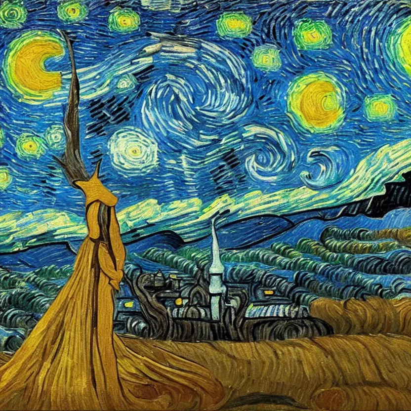 Image similar to An oil painting of a wise Elven King in the style of Starry Night by Vincent van Gogh