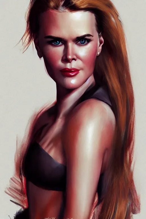 Image similar to mix of beautiful young maria shriver, mariel hemmingway, brooke shields, nicole kidman and elle macpherson as an alien creature, thin lips, hair tied up in a pony tail, dark blonde hair, colorful, artstation, cgsociety