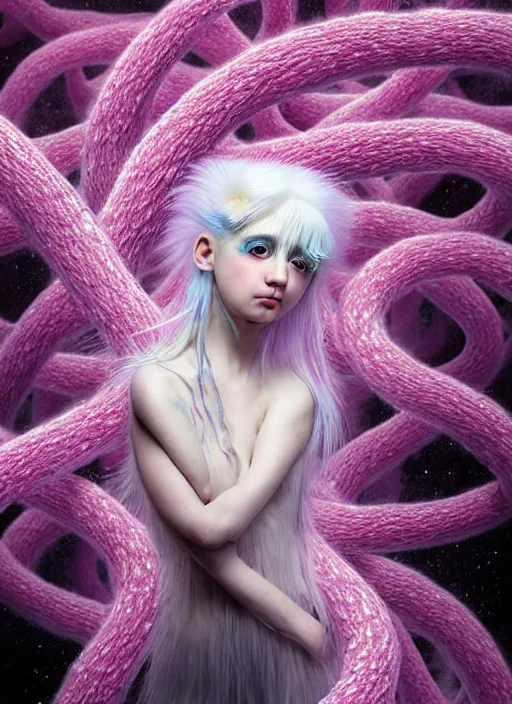 Image similar to hyper detailed 3d render like a Oil painting - kawaii portrait Aurora (white haired Singer Ferret) seen Eating of the Strangling network of yellowcake aerochrome and milky Fruit and Her delicate Hands hold of gossamer polyp blossoms bring iridescent fungal flowers whose spores black the foolish stars by Jacek Yerka, Mariusz Lewandowski, Houdini algorithmic generative render, Abstract brush strokes, Masterpiece, Edward Hopper and James Gilleard, Zdzislaw Beksinski, Mark Ryden, Wolfgang Lettl, hints of Yayoi Kasuma, octane render, 8k