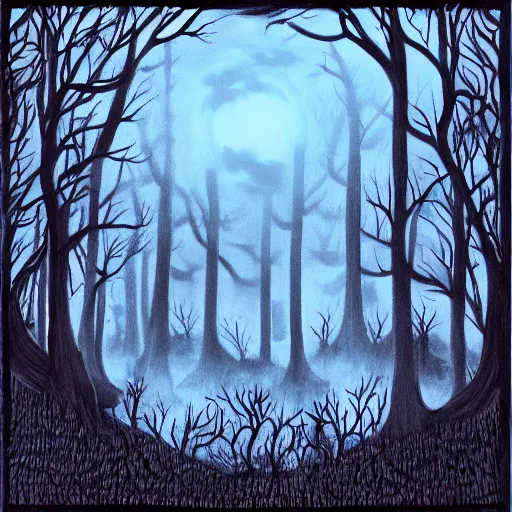 Prompt: dark forest at night filled with eldritch horrors, in hash style