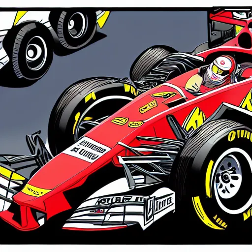 Image similar to formula one mechanic works on car, comic, wide shot, marvel style by patrick brown