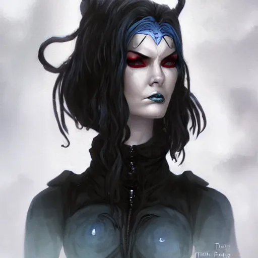 Prompt: evil grumpy dark haired women, ice mage, medium shot, by travis charest, black coat, black makeup,, shooting ice, fantasy artwork, fantastic artwork, 4 k, trending on artstation