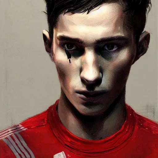 Image similar to Portrait of a man by Greg Rutkowski, he is about 18 years old, british, short black hair with bangs, young, pale, tall and slim, tired look, he's wearing a black adidas tracksuit, highly detailed portrait, scifi, digital painting, artstation, concept art, smooth, sharp foccus ilustration, Artstation HQ