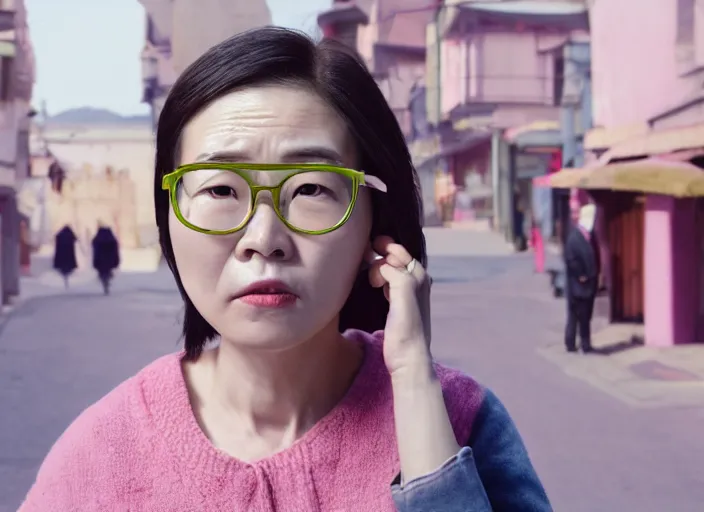 Prompt: cinematic mid shot of a high detail, korean woman's face looking off camera, with round glasses. fine facial features. she stands in an empty, pastel, colourful 3 d, korean street scene by jeffrey smart and gregory crewdson and edward hopper, inspired by the grand budapest hotel