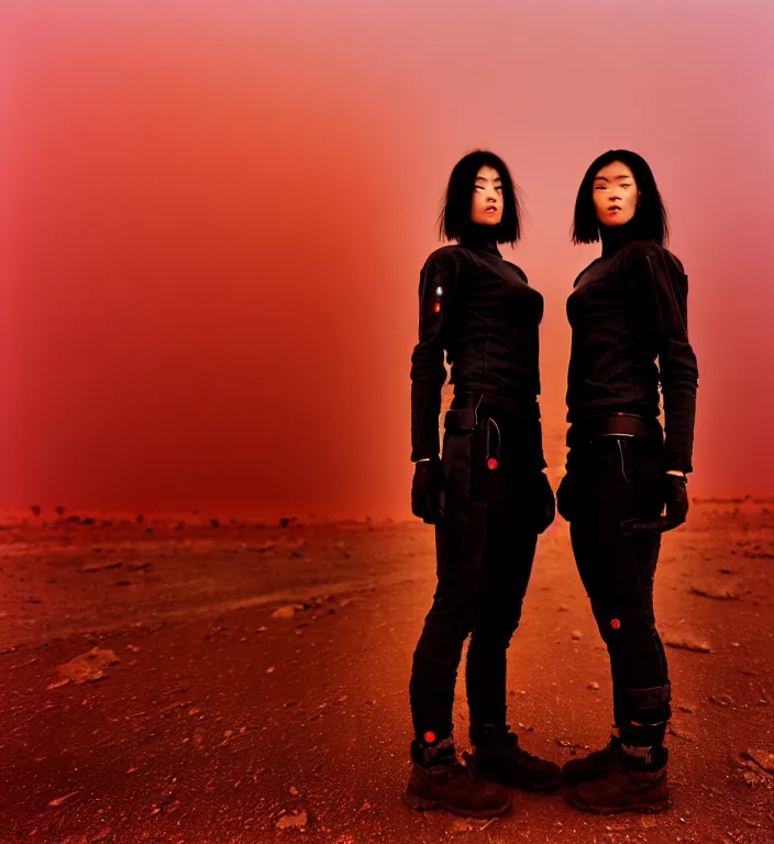 Prompt: cinestill 5 0 d 3 5 mm photographic portrait of two loving female androids wearing rugged black techwear on a desolate plain with a red sky, lizard on ground, cyberpunk style, a brutalist dark metal facility close in background, dust storm, 8 k, high resolution, f / 3. 2, ultra realistic faces