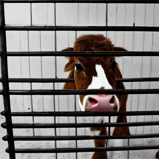 Prompt: mugshot of a cute calf dressed as an inmate inside jail