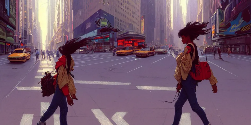 Prompt: a 1 9 9 0 s teenager with a boom box, walking down new york street, highly detailed, digital painting, artstation, concept art, matte, sharp focus, illustration, art by artgerm and greg rutkowski and alphonse mucha