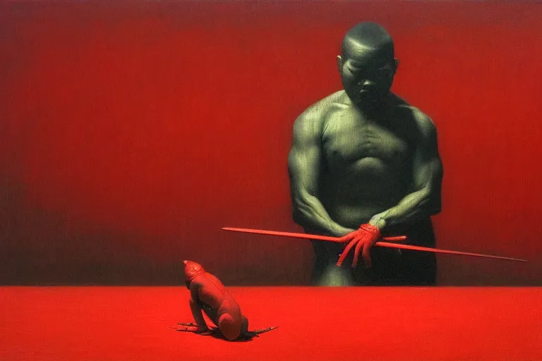 Image similar to only with red, a red samurai do seppuku, tokio, a lot of frogs watch, in the style of beksinski, parts by edward hopper, parts by rodcenko, parts by yue minjun, intricate and epic composition, red by caravaggio, insanely quality, highly detailed, masterpiece, red light, artstation, 4 k