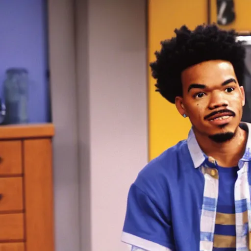 Image similar to a tv still of Chance The Rapper starring as a black college student at Jones College Prep in a 1993 sitcom