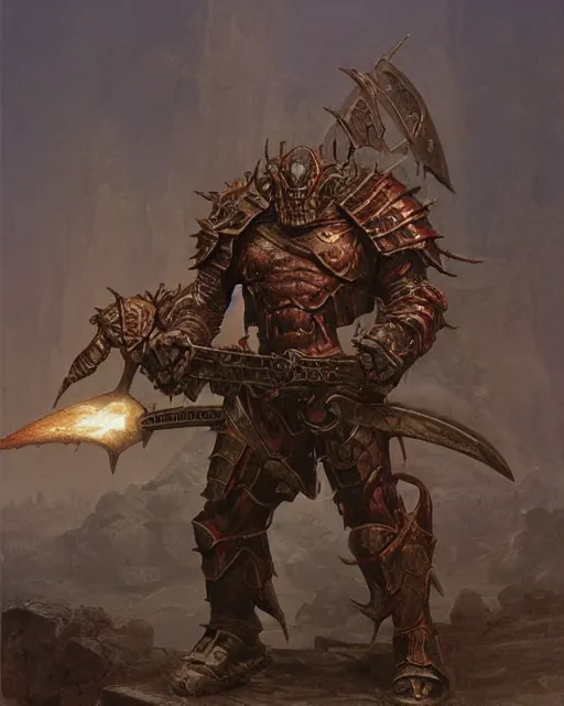 Image similar to a heavily armoured orc warrior by Thomas Cole and Wayne Barlowe