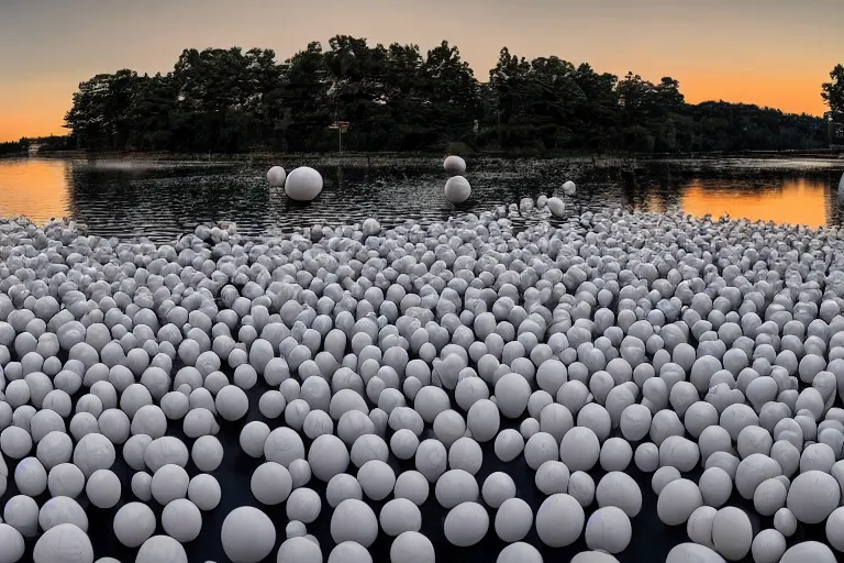 Image similar to a building composed of many multi - white spherical egg - shaped spaces. on the calm lake, people's perspective modern curved architecture, future, award winning, highly detailed 4 k art, dusk, by kazuyo sejima