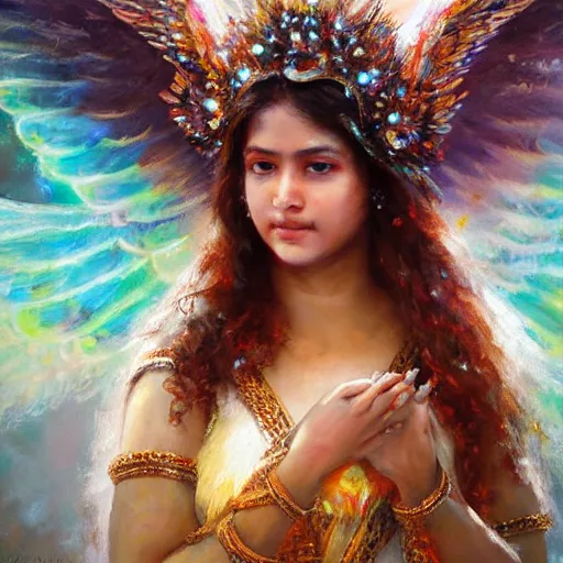 Image similar to Sri lankan girl as a winged angel covered in eyes with glowing halo, iridescent, seraphim, art by Daniel F. Gerhartz,