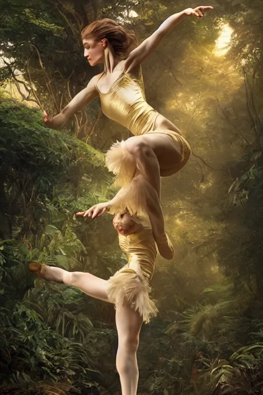 Image similar to stunningly beautiful, irish prima ballerina in jungle, symmetrical face, golden hour, smooth, focus, highly detailed, hyper realistic, dramatic lighting, elegant, intricate, concept art, art by wlop, mars ravelo, greg rutowski
