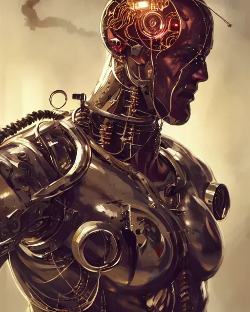 Image similar to cyborg viking portrait, wires and cables, metallic chrome, tattoos, greg rutkowski, full - body character concept art, ismail inceaglu