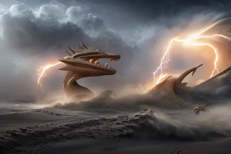 Image similar to sand dragon with lightnings and smoke is fighting against giant wind monster with cyclones, cgsociety, full length, exquisite detail, post - processing, masterpiece, volumetric lighting, cinematic, hypermaximalistic, polarizing filter,, sony a 7 r iv, cinematic, 8 k resolution, beautiful detailed, insanely intricate details, sharp edges, smooth focus, low angle,