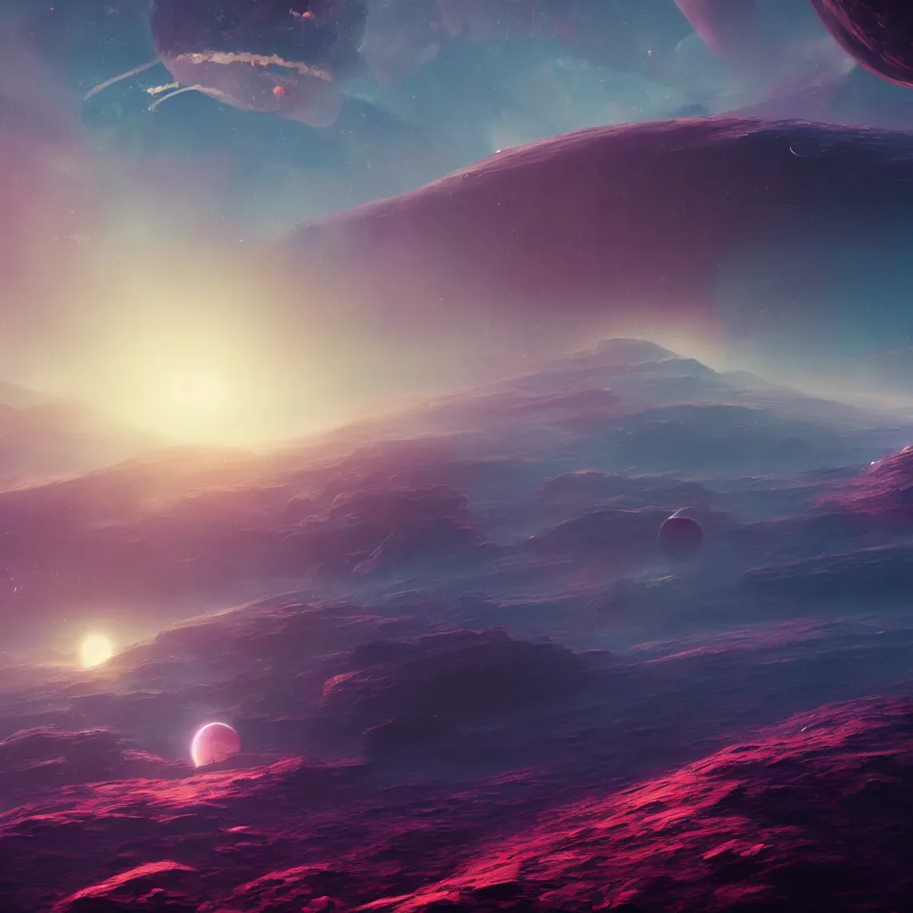 Prompt: horizon of a colorful exoplanet, view from space far away, artstation, cinematic, by greg rutkowski, scifi, digital art, digital painting, unreal engine, 8 k, volumetric lighting, contrast