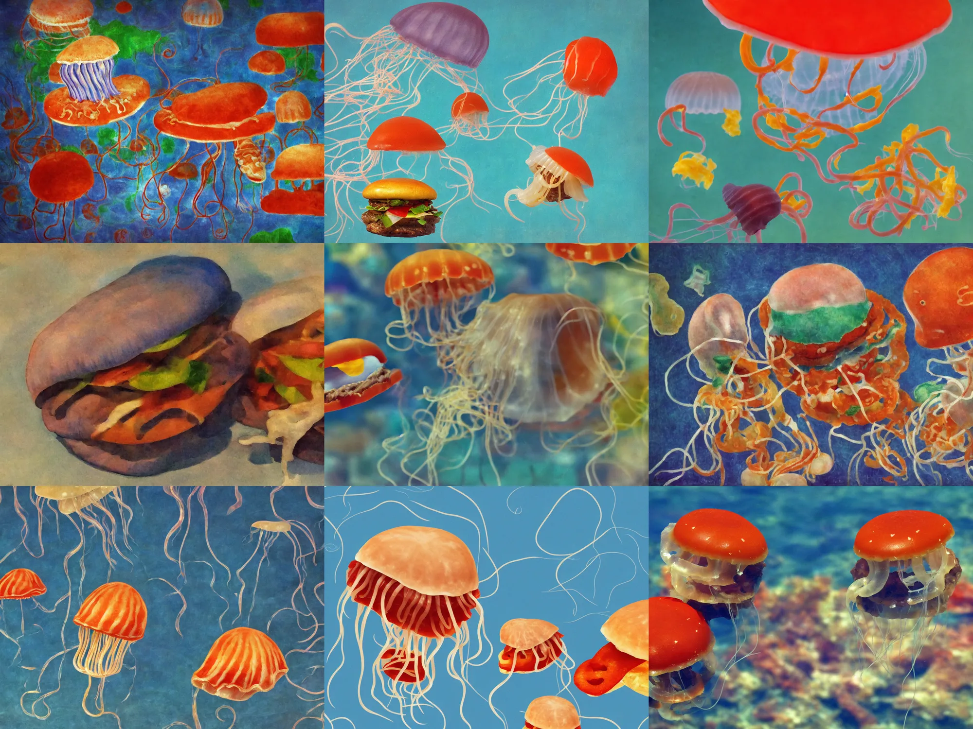 Prompt: side view hamburger mix jellyfish, super resolution, 8 k, sharp focus, classic, old school, style by henri matisse