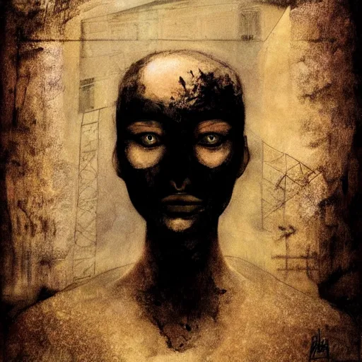 Image similar to a portrait of a beautiful young woman made of smoke and ember, visions of tomorrow, subtle smile in mysterious shadow, high contrast, by enki bilal