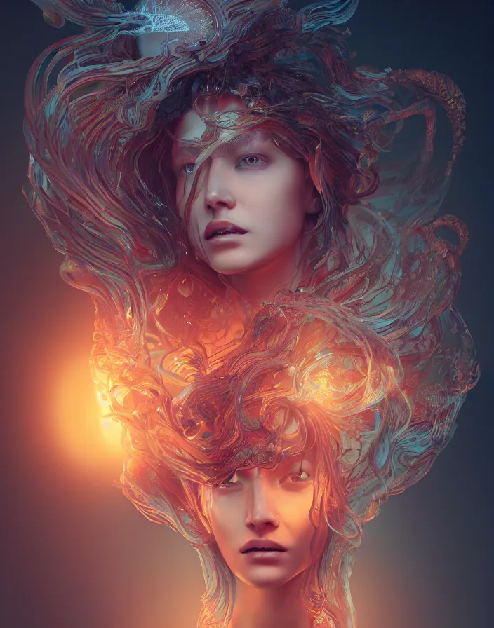 Image similar to goddess portrait. jellyfish phoenix head. intricate artwork by Tooth Wu and wlop and beeple. octane render, trending on artstation, greg rutkowski very coherent symmetrical artwork. cinematic, hyper realism, high detail, octane render, 8k