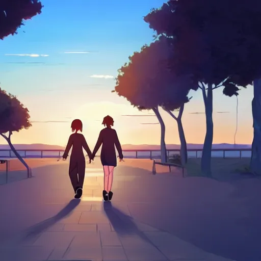 Image similar to lovers holding hands walking into the sunset in style of Makoto Shinkai