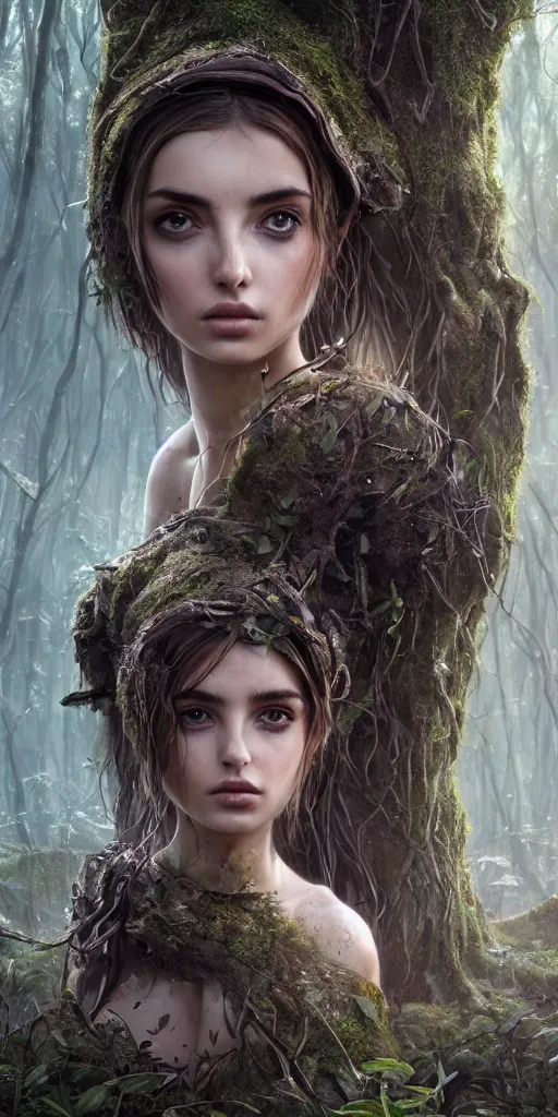 Image similar to a cyborg forest nymph in an ancient forest, ana de armas, flawless symmetrical pretty cute face, greg rutkowski, 8 k, shallow depth of field, intricate detail, concept art,