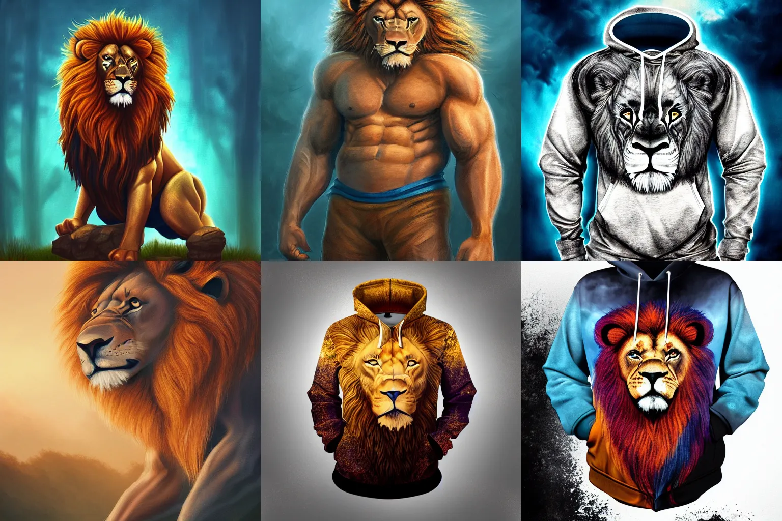 Prompt: mutant powerlifter muscular oversized lion in a sport hoodie, casual clothes, portrait, intricate, elegant, highly detailed, studio backlight , colorful digital painting, artstation, cyan mystic forest , sunset , dramatic clouds, concept art, smooth, sharp focus, illustration