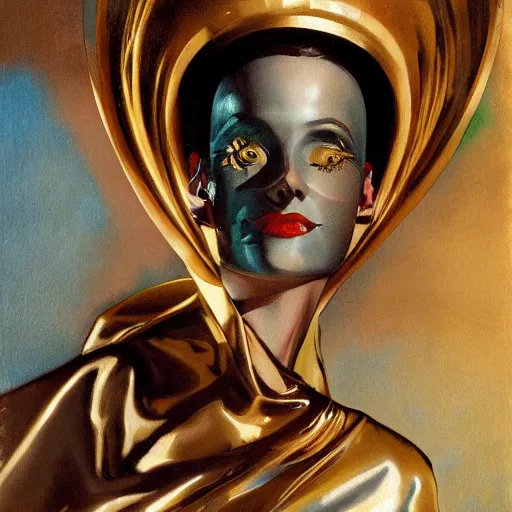 Image similar to closeup painting of uncannily beautiful aristocrat wearing latex and bronze catsuitand face paint inside bronze art deco arcology, science fiction by j. c. leyendecker and fritz lang and stefan prohaczka