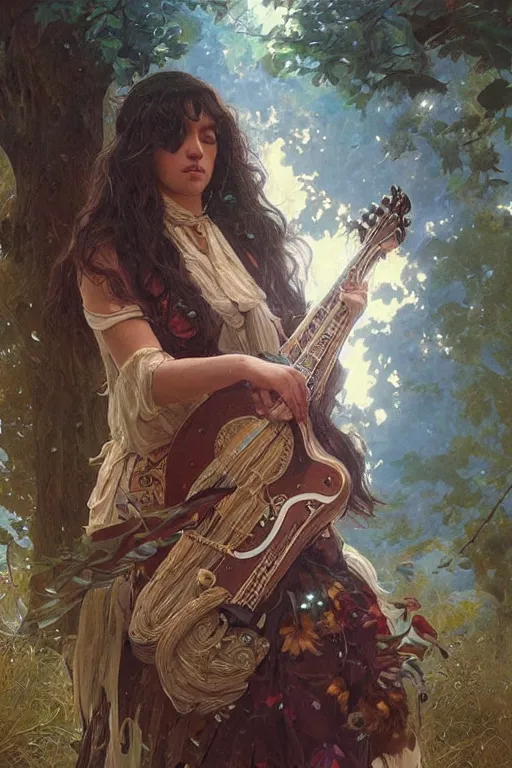 Image similar to portrait of a druid playing an electronic!!-musical-instrument, intricate, stunning, highly detailed, digital painting, artstation, concept art, smooth, sharp, focus, illustration, art by artgerm and greg rutkowski and alphonse mucha