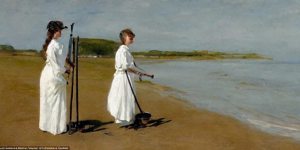 Prompt: A young Edwardian woman wearing a white dress, uses a metal detector on a beach in Sweden, in the style of Anders Zorn