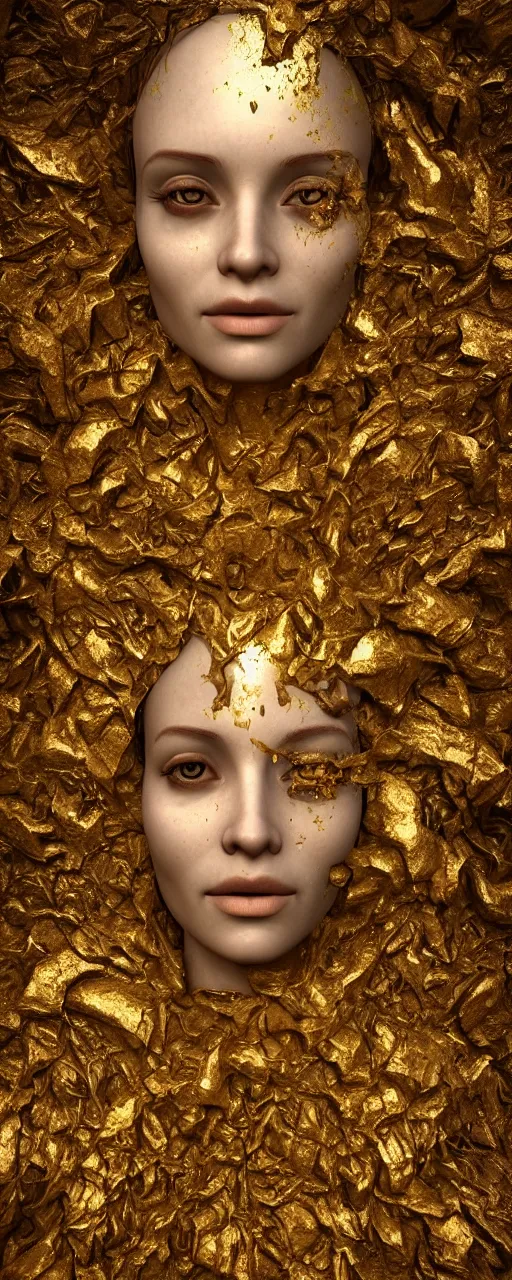 Prompt: portrait photo of a surreal goddess floating in the middle of a ancient wood, gold raining in the background, ultra super good realistic 3D render by Pete Morbacher and Emil Melmoth, insanely detailed, trending on artstation, sharp focus