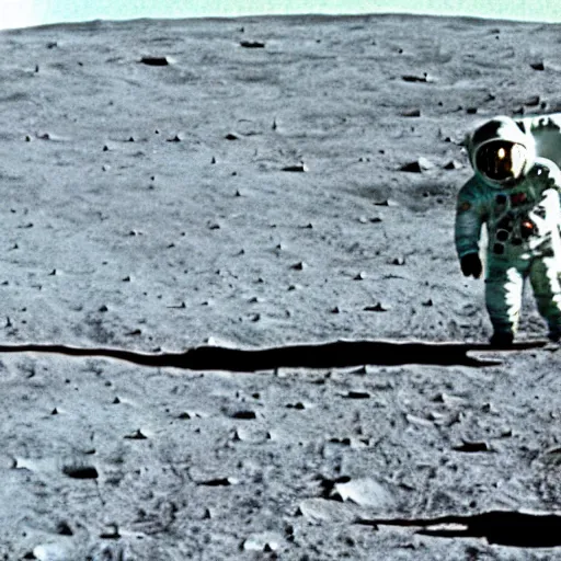 Prompt: apollo 11 footage of the spacemen fighting a green humanoid alien running away from them on the moon, it is filmed by a shaky camera.