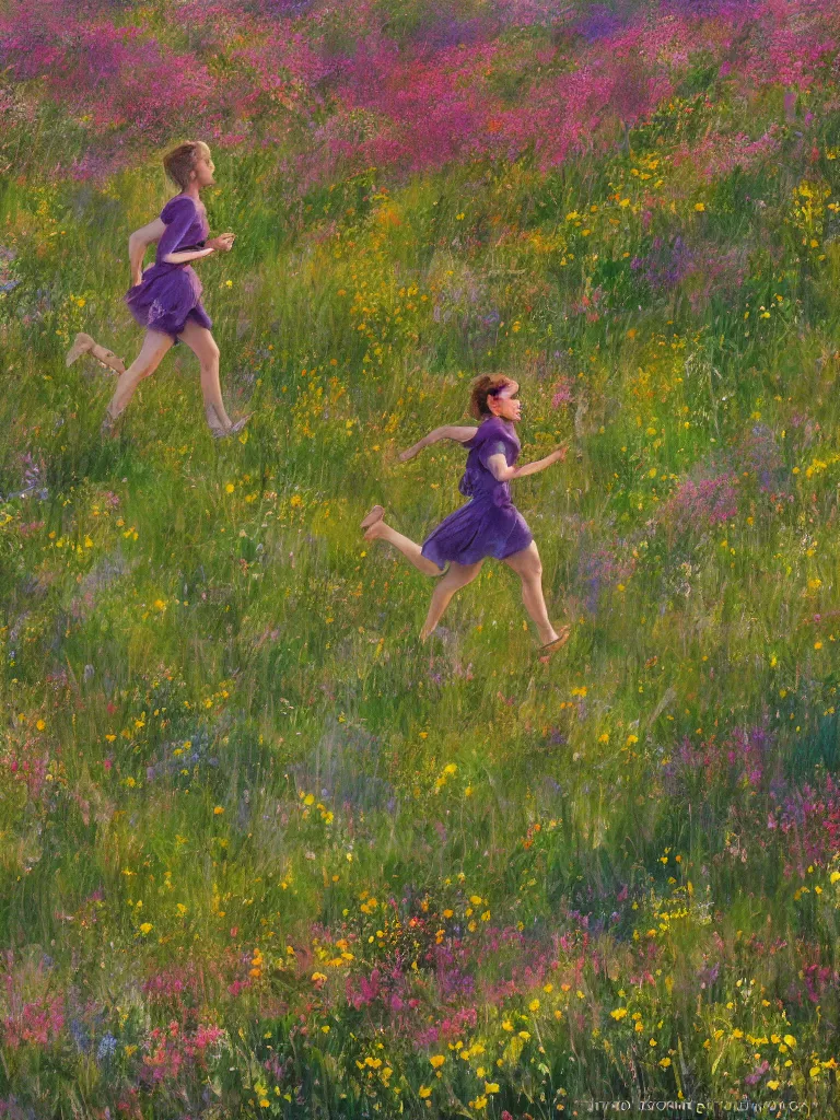 Image similar to running through the wildflowers by disney concept artists, blunt borders, rule of thirds, golden ratio, godly light