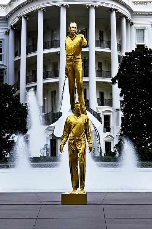 Prompt: A beautiful polished gold statue of Nicholas Cage in front of the White House, photo by Steve McCurry