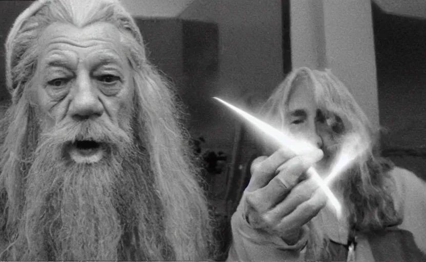 Image similar to security cam bad vhs footage of stoned gandalf smoking a joint around walmart,