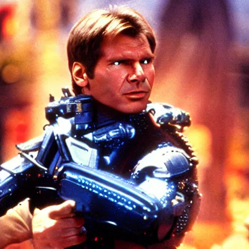 Image similar to movie still, 1 9 8 0 s, harrison ford as armored alien hunter, hyperdetailed, blue leds