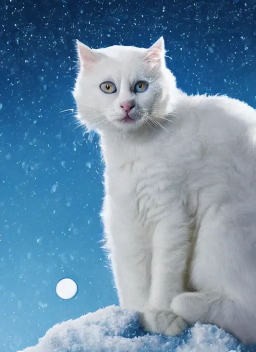 Image similar to giant little white cat on a snowy mountain with lightning coming out of its paws, blue sky background with moon