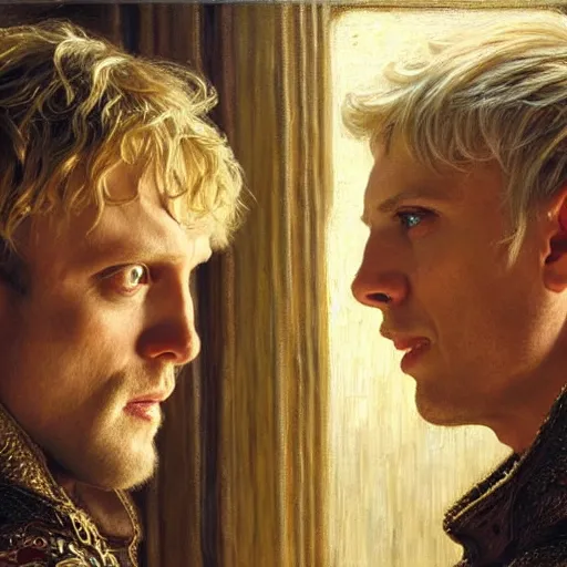 Image similar to arthur pendragon and merlin. focus on their faces. natural lighting. highly detailed painting by by gaston bussiere, donato giancola, j. c. leyendecker 8 k