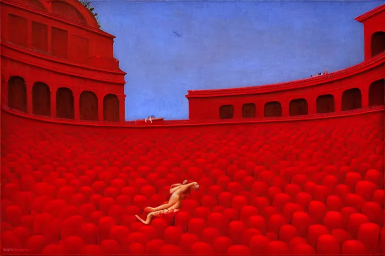 Image similar to only with red, a red great emperor, taormina amphitheatre, crowd with big smile, in the style of beksinski, parts by edward hopper, parts by rodcenko, parts by yue minjun, intricate and epic composition, red by caravaggio, insanely quality, highly detailed, masterpiece, red light, artstation, 4 k