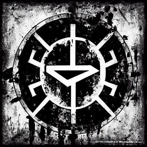 Image similar to metal band album cover, painting, centered logo, black, white , red