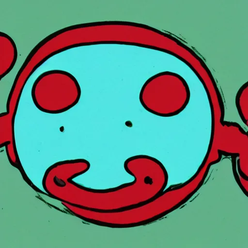 Image similar to a small turquoise sausage - shaped creature with two outstretched stick - like heads from the front of his body in costume