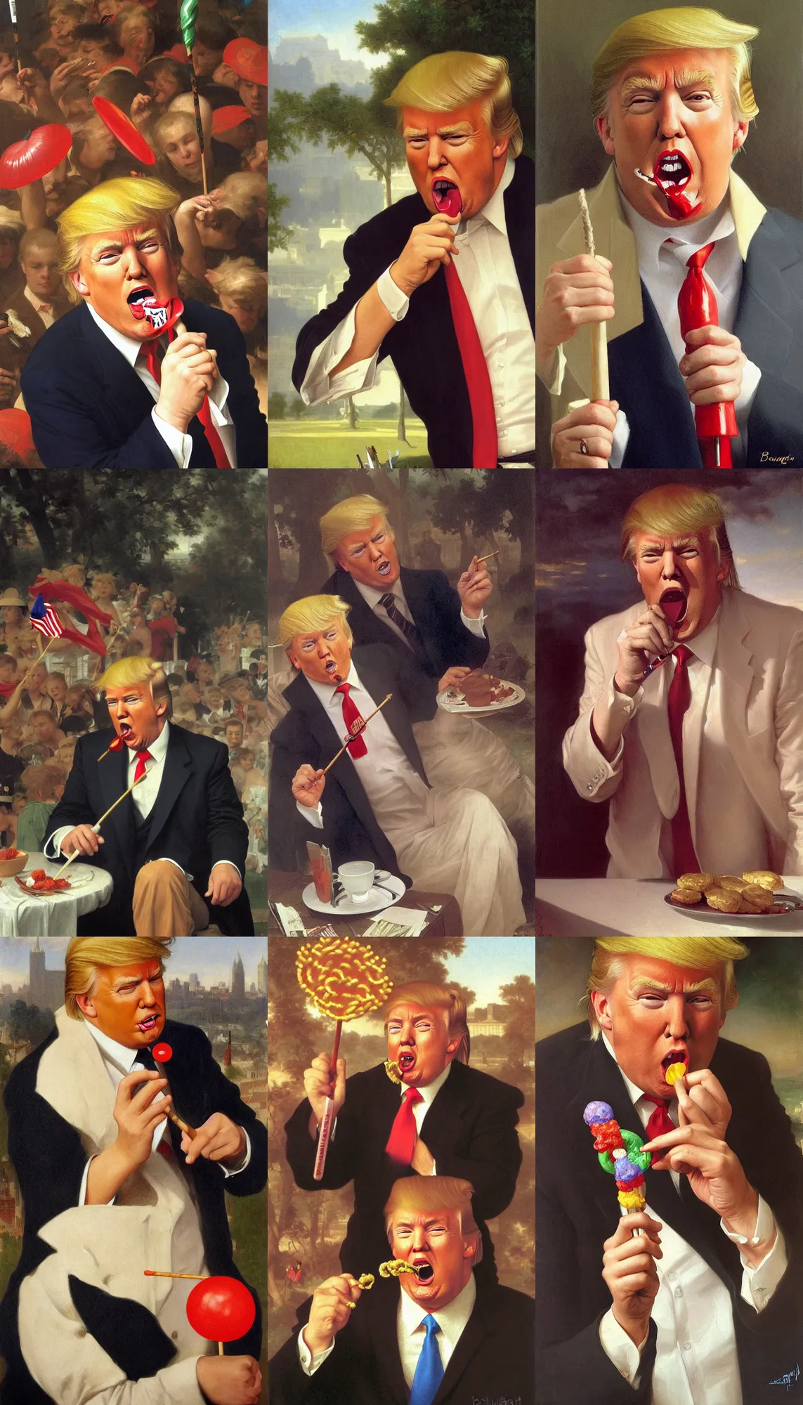 Prompt: portrait of donald trump!!!!!!!!!!!!!!!!!!!!!!!!!!! eating a lollipop!!!!, alone, detailed face, detailed painting, fun fair background, epic lighting, by bouguereau