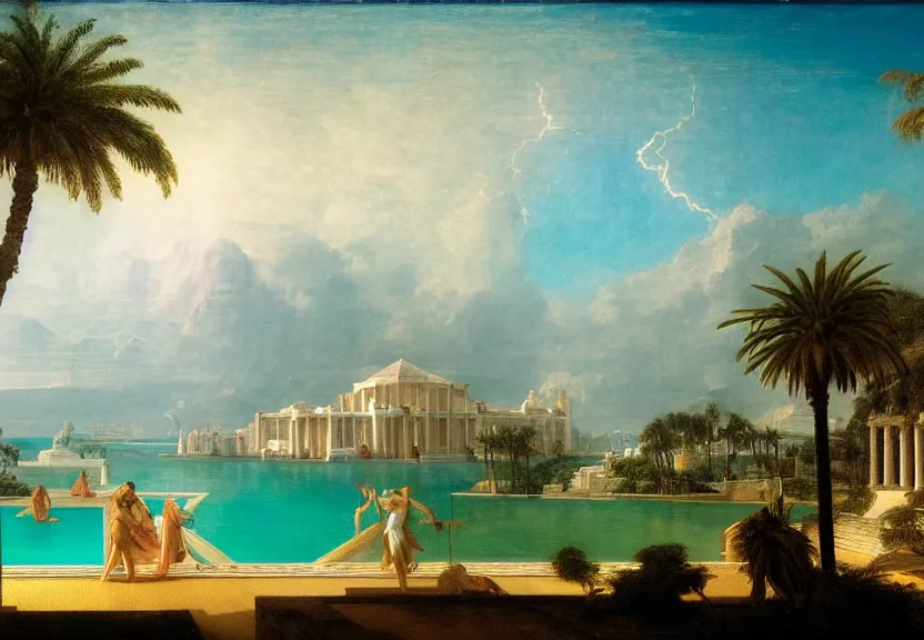 Image similar to Palace floating in the sky, 1km tall, thunderstorm, greek pool, beach and palm trees on the background major arcana sky, by paul delaroche, hyperrealistic 4k uhd, award-winning very detailed