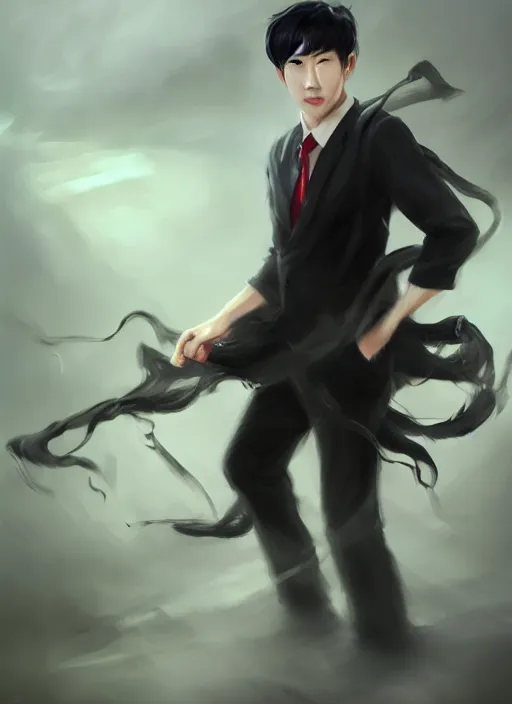 Prompt: a highly detailed illustration of attractive korean man with bowl cut black hair wearing shirt and tie with giant black claws, wielding giant black fog claws pose, tired expression, foggy black mist surrounding background, intricate, elegant, highly detailed, centered, digital painting, artstation, concept art, smooth, sharp focus, league of legends concept art, wlop.