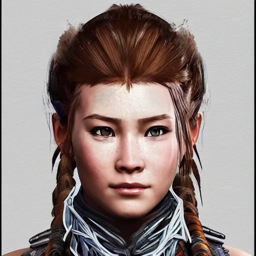 Image similar to Aloy from Horizon Zero Dawn, head and shoulders portrait, extremely detailed masterpiece, one single continues line.